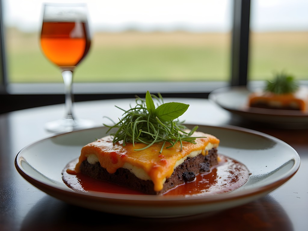 Basil restaurant's signature bison moussaka on rustic plate with prairie view