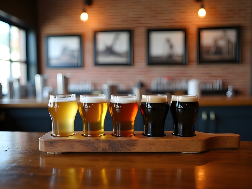 Craft beer flight at Williston Brewing Company with oil field-themed beer names