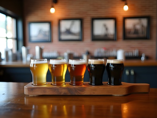 Craft beer flight at Williston Brewing Company with oil field-themed beer names