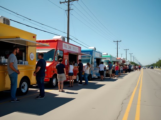Diverse food trucks in Williston's Food Truck Alley with customers