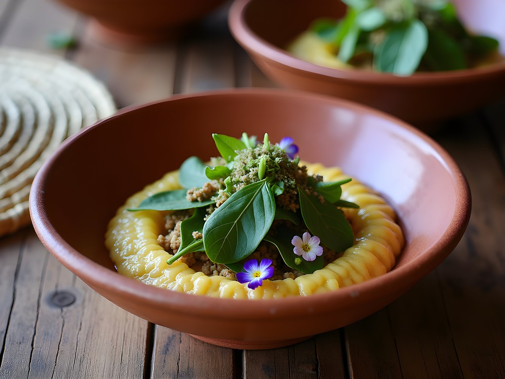 Traditional mahangu porridge with wild herbs and indigenous vegetables at Kukuri Restaurant