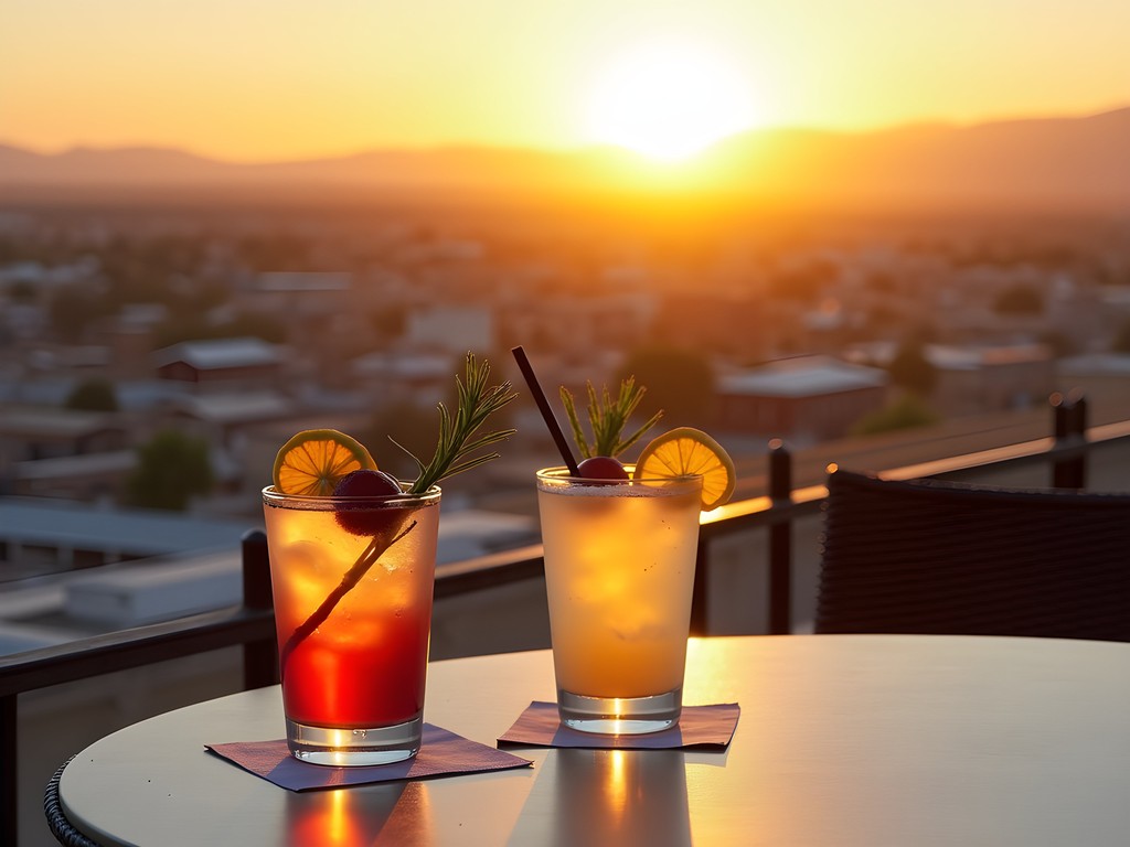Panoramic sunset view of Windhoek from Hilton Skybar with colorful cocktails