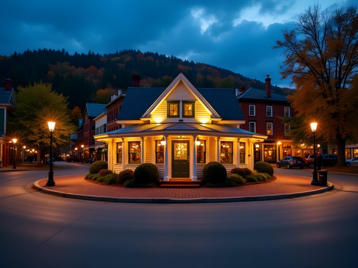 Winooski traffic circle at dusk with restaurant lights glowing during fall foliage season Vermont
