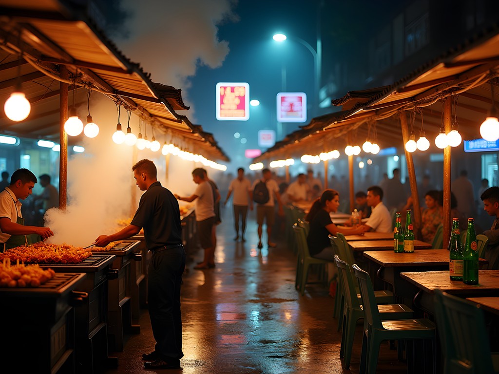 Bustling night scene on 19th Street in Yangon's Chinatown with BBQ stalls and diners
