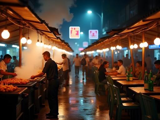 Bustling night scene on 19th Street in Yangon's Chinatown with BBQ stalls and diners