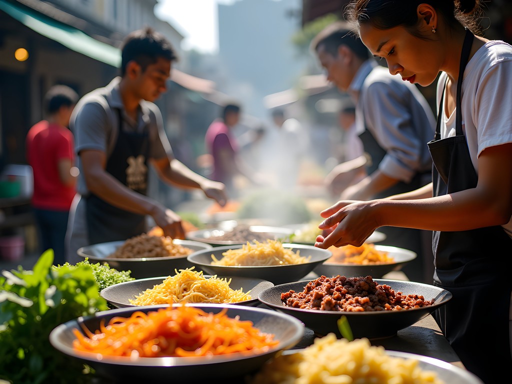 Food vendors preparing traditional dishes at Bogyoke Aung San Market in Yangon
