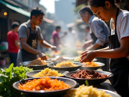 Food vendors preparing traditional dishes at Bogyoke Aung San Market in Yangon