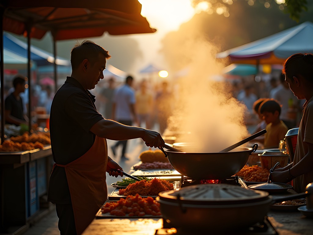 Early morning street food market in Yangon with vendors setting up stalls