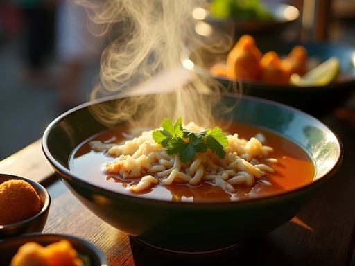Traditional Burmese mohinga breakfast soup being served at a street stall in Yangon