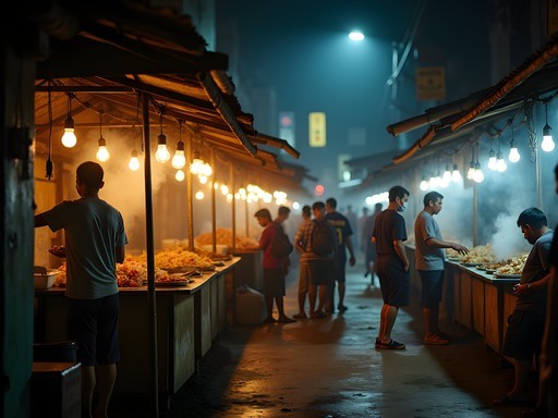 Evening street food scene at a night market in Yangon with illuminated stalls and vendors