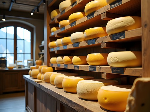 Traditional Alpine cheese shop display in Zermatt with local artisanal cheeses