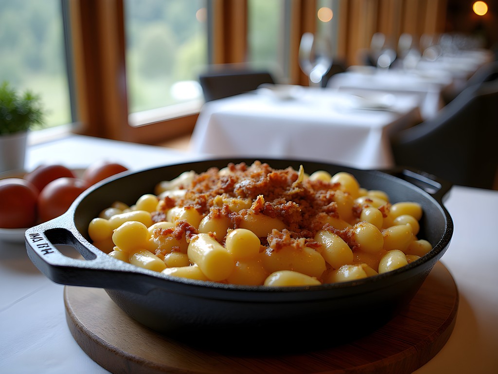 Elevated traditional Swiss Alpine cuisine in a rustic-luxury restaurant setting in Zermatt