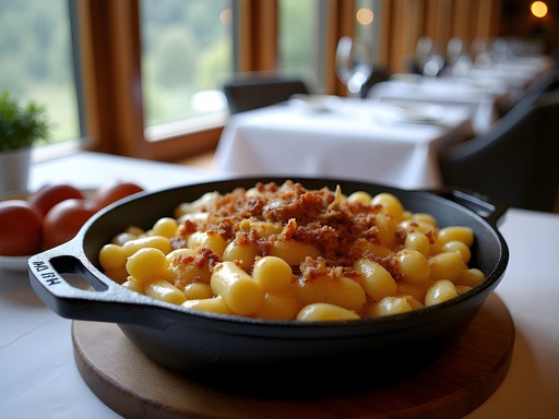 Elevated traditional Swiss Alpine cuisine in a rustic-luxury restaurant setting in Zermatt