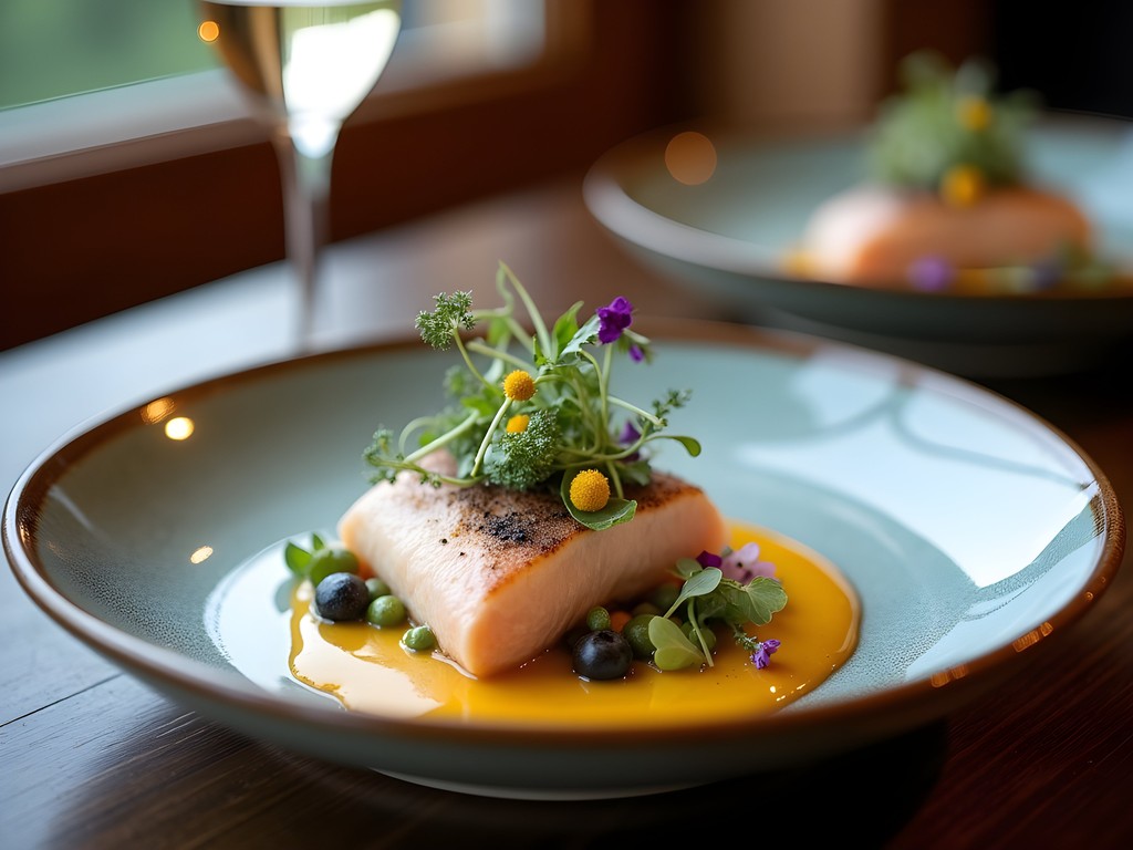 Artistic fine dining presentation in a Michelin-starred restaurant in Zermatt