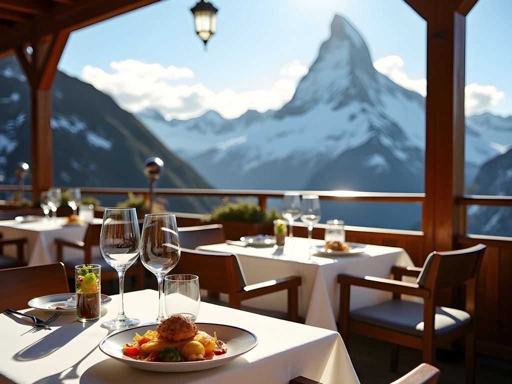 Luxury mountain restaurant terrace in Zermatt with panoramic Matterhorn view