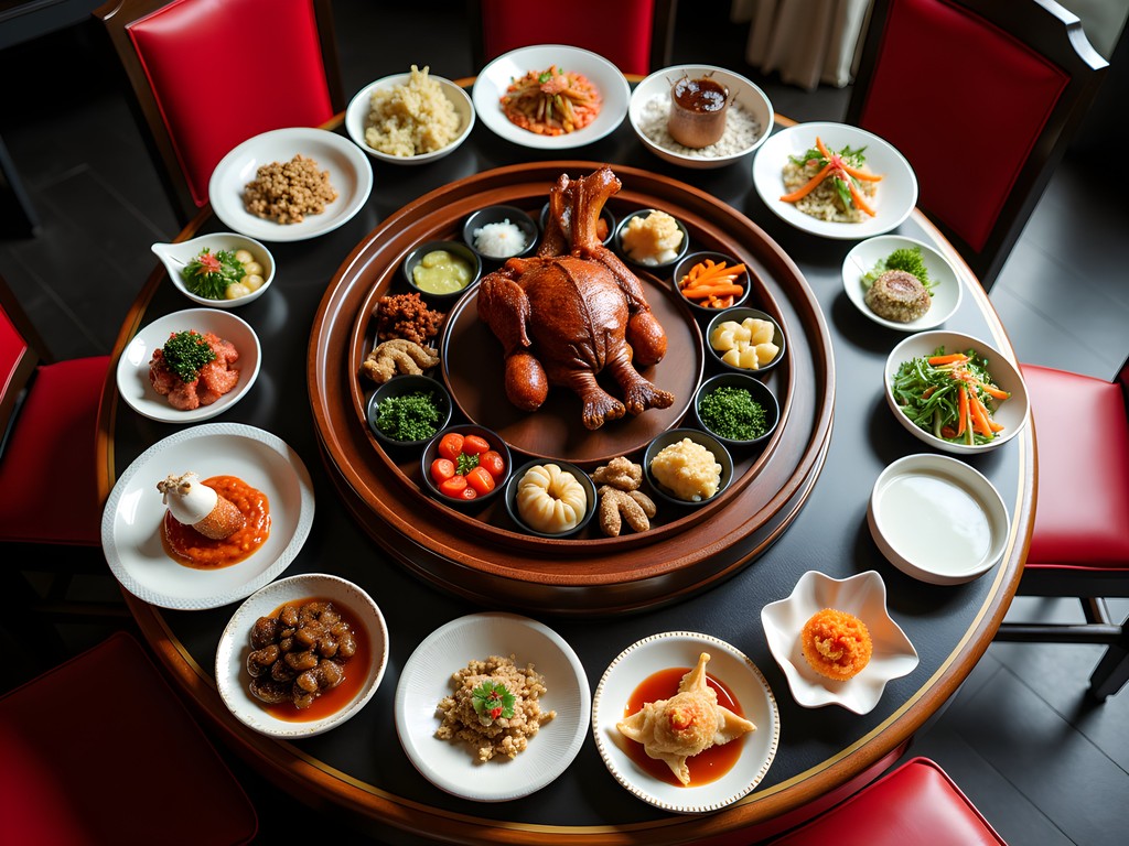 Traditional Chinese family-style dining with multiple dishes on a lazy Susan in Beijing restaurant