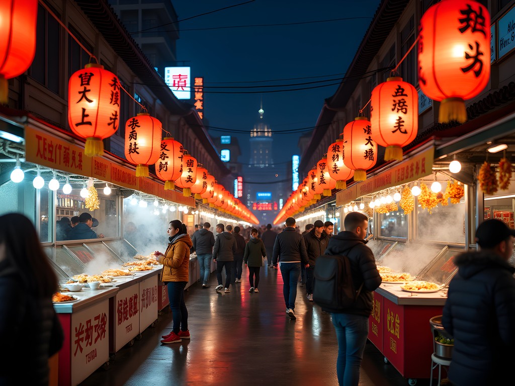 Colorful food stalls at Wangfujing Night Market in Beijing with various street foods on display