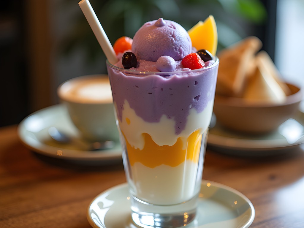 Colorful traditional Filipino halo-halo dessert in Manila cafe