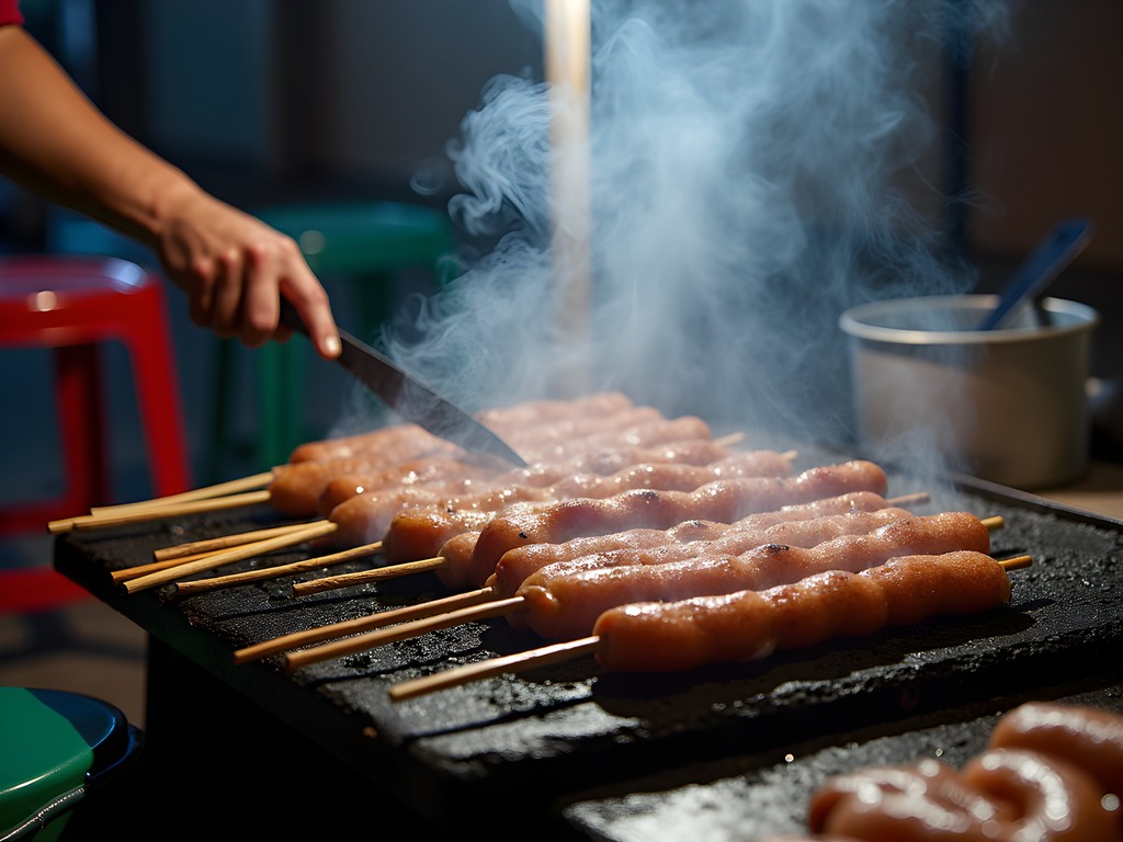 Filipino street food vendor grilling isaw skewers in Quiapo district of Manila