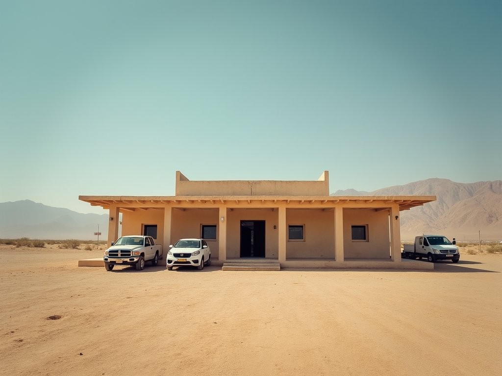 Small regional airport terminal in Abéché, Chad with mountains in background