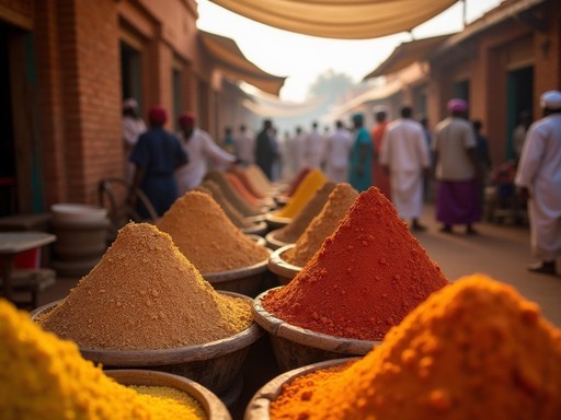 Colorful spice stalls in Abéché's historic Grand Market with vendors and local shoppers