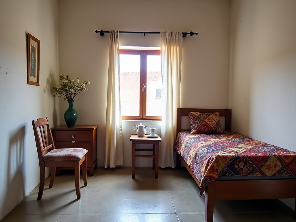Simple guesthouse room in Abéché with basic furnishings and local textiles