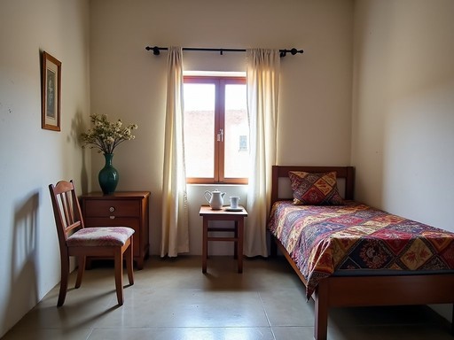 Simple guesthouse room in Abéché with basic furnishings and local textiles