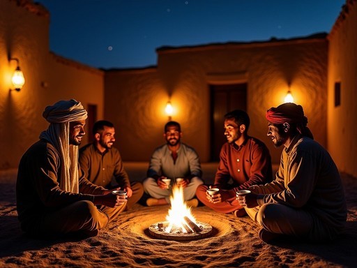 Traditional Chadian tea ceremony in Abéché with locals gathered around small charcoal brazier