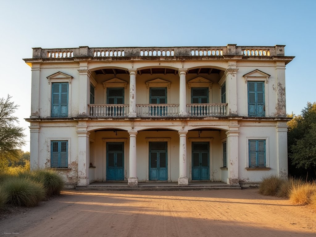 Former French colonial administrative building in Abéché with distinctive veranda and shuttered windows