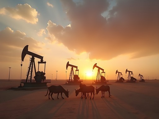 Panoramic view of Burgan Oil Field with nodding donkey pumps against desert landscape