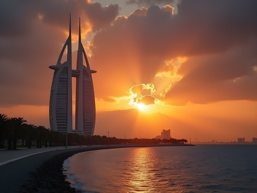 Kuwait Towers silhouetted against dramatic orange and purple sunset over Arabian Gulf