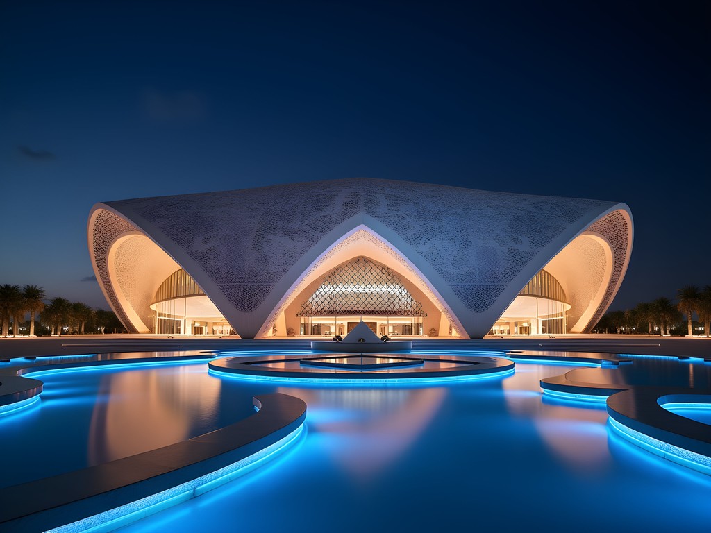 Illuminated exterior of Sheikh Jaber Al-Ahmad Cultural Centre with geometric Islamic patterns at night