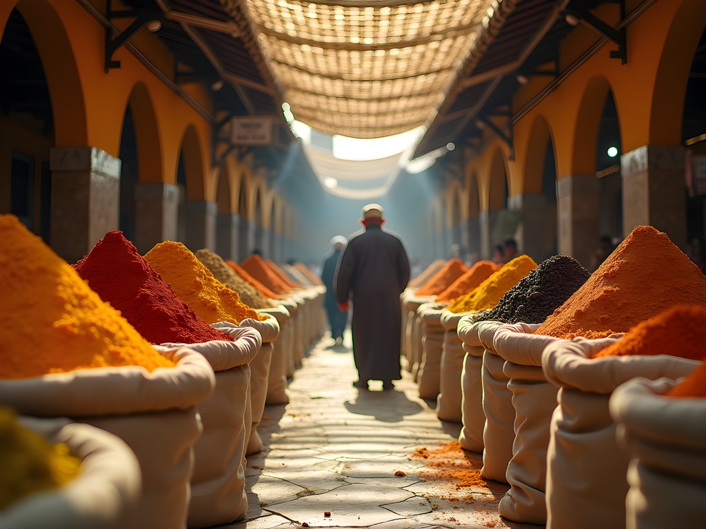 Colorful spice displays and traditional goods in narrow alleyway of Souq Al-Mubarakiya in Kuwait City