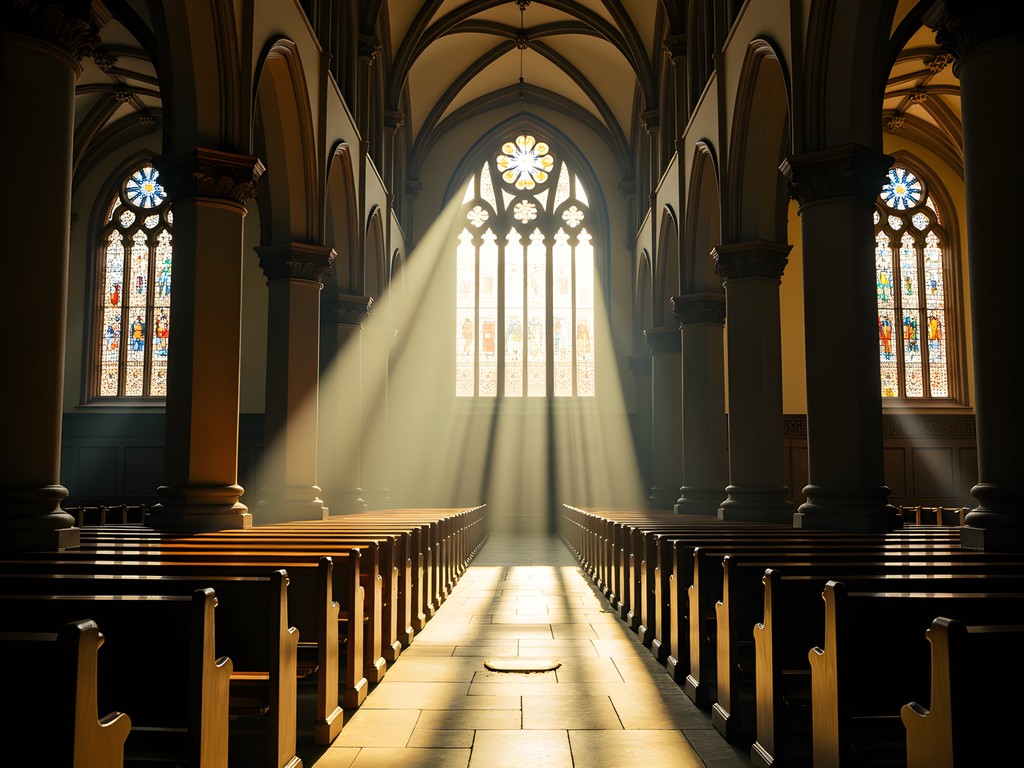 Interior of Albany's Cathedral of the Immaculate Conception with light streaming through stained glass
