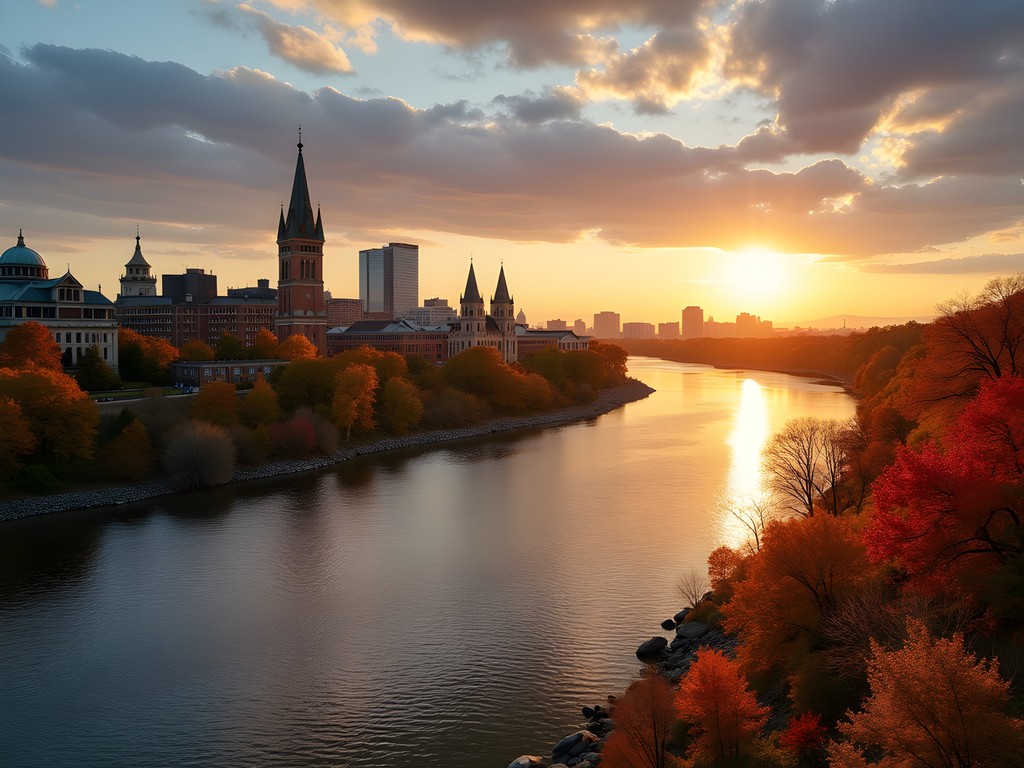 Albany skyline and Hudson River at sunset with fall foliage