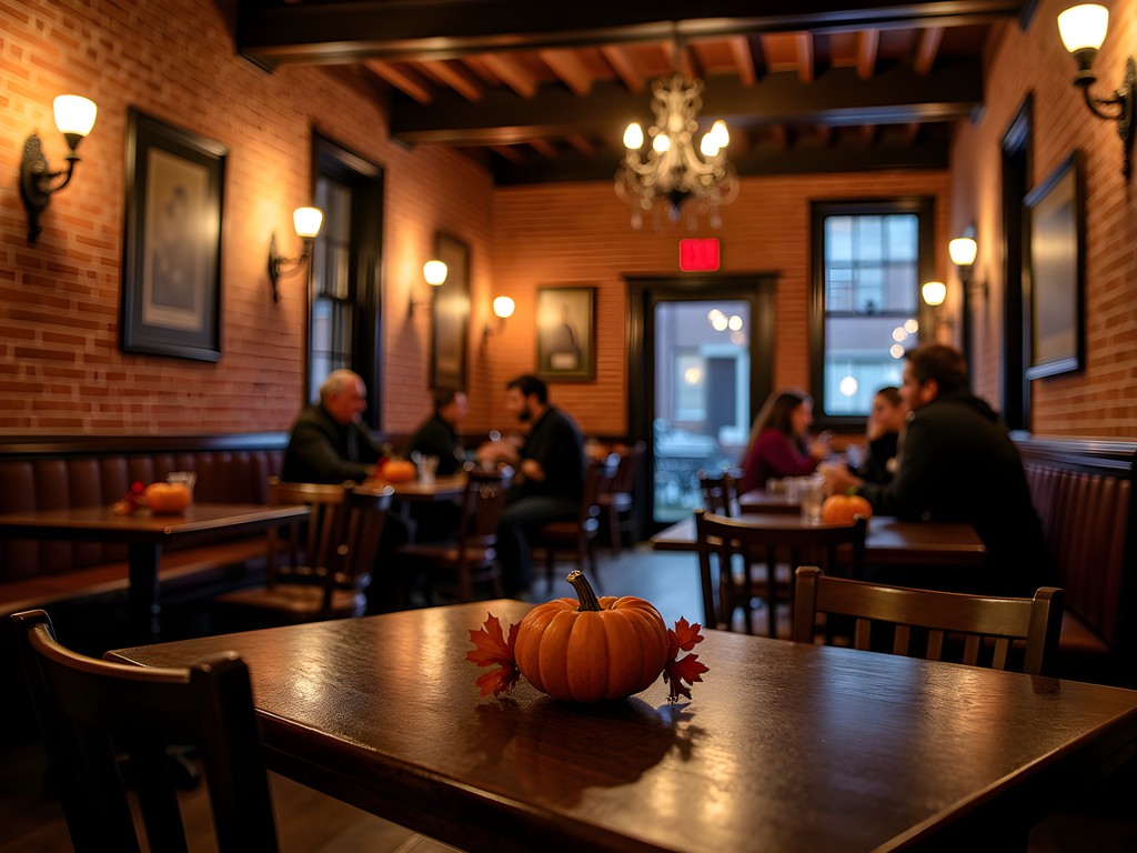 Cozy historic tavern in Albany with autumn decorations and warm lighting