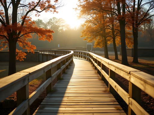 Wooden boardwalk through the preserved earthen fortifications at Forts Randolph and Buhlow with fall foliage