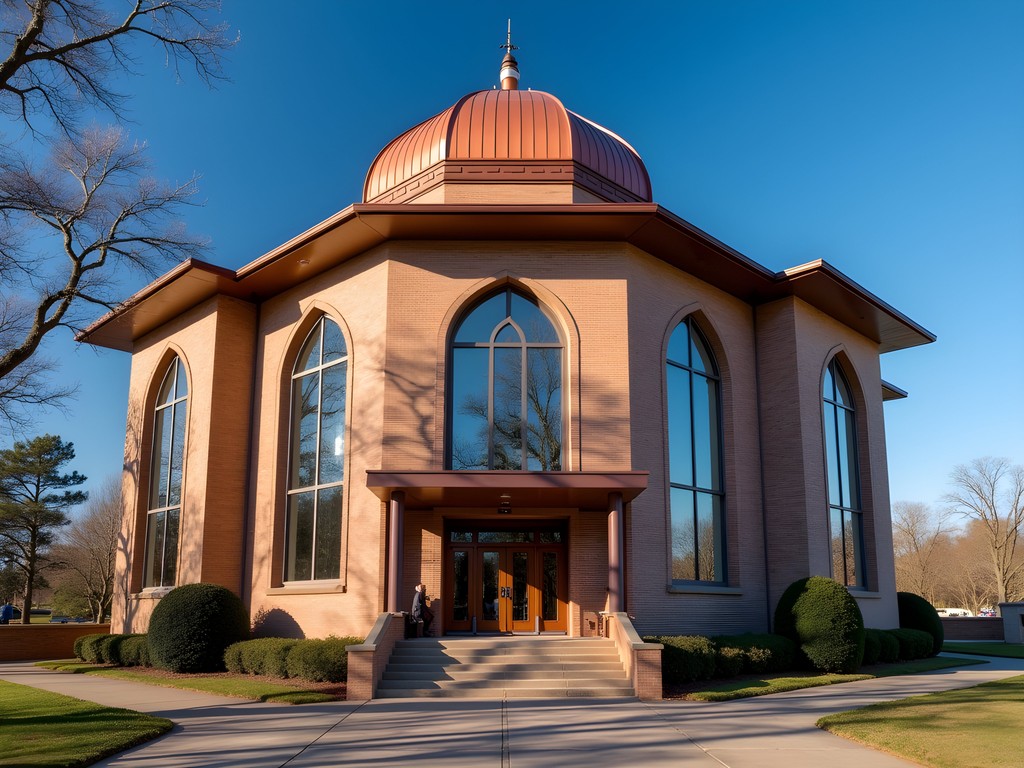 Modernist architecture of Gemiluth Chassodim Synagogue with distinctive copper dome and stained glass in Alexandria