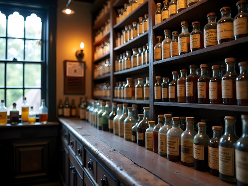 Historic wooden shelves lined with antique medicine bottles at Stabler-Leadbeater Apothecary Museum Alexandria Virginia