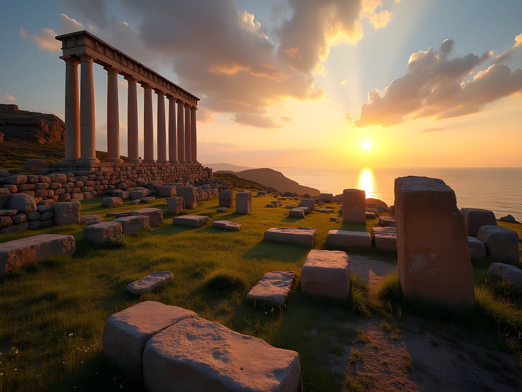Ancient Roman ruins of Hippo Regius at sunrise with Mediterranean Sea in background