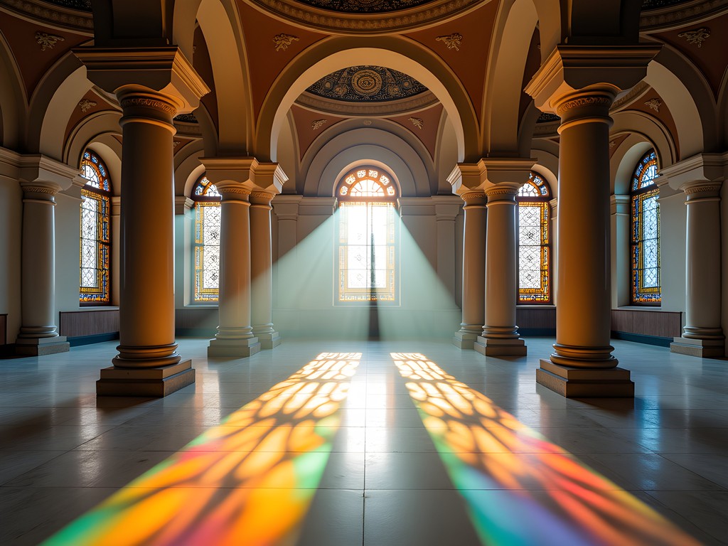 Sunlight streaming through stained glass windows inside Basilica of Saint Augustine in Annaba