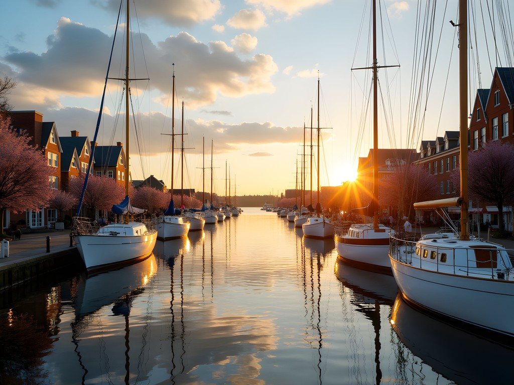 Annapolis harbor at sunset with historic sailing vessels and waterfront buildings