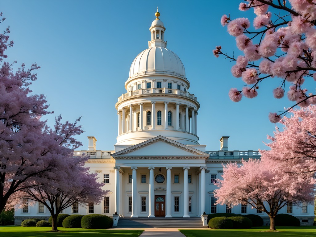 Maryland State House dome against clear spring sky in Annapolis