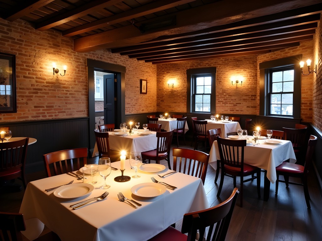 Interior of historic tavern restaurant in Annapolis with colonial decor and dining setup