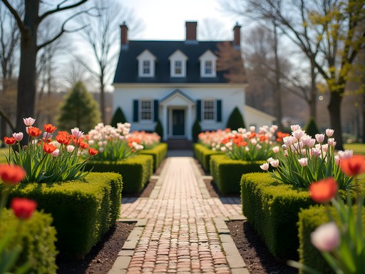William Paca Garden in spring bloom with colonial architecture in background