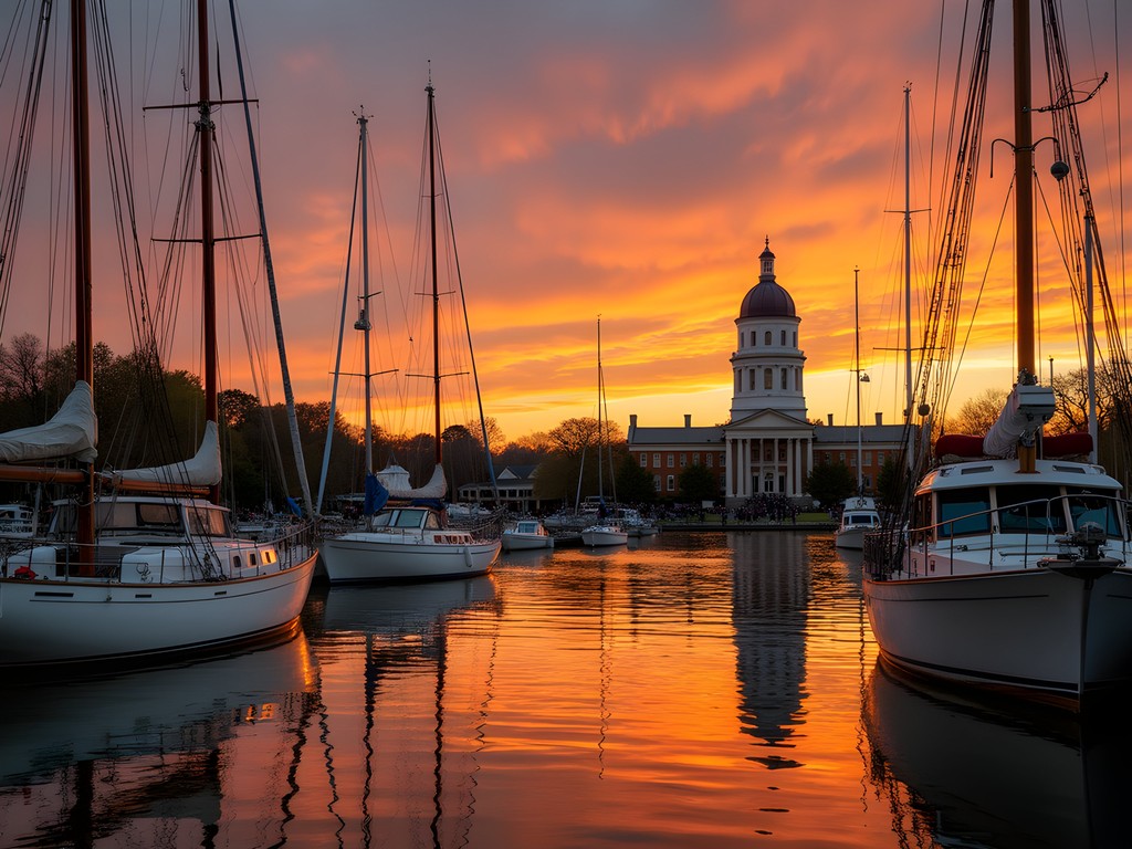 Historic sailing vessels in Annapolis harbor at sunset with State House dome visible in background