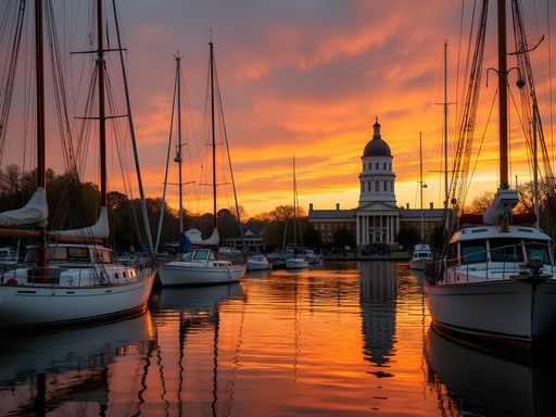 Historic sailing vessels in Annapolis harbor at sunset with State House dome visible in background
