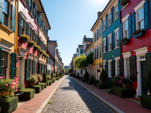 Colorful historic buildings on cobblestone street in Annapolis with spring flowers and morning light