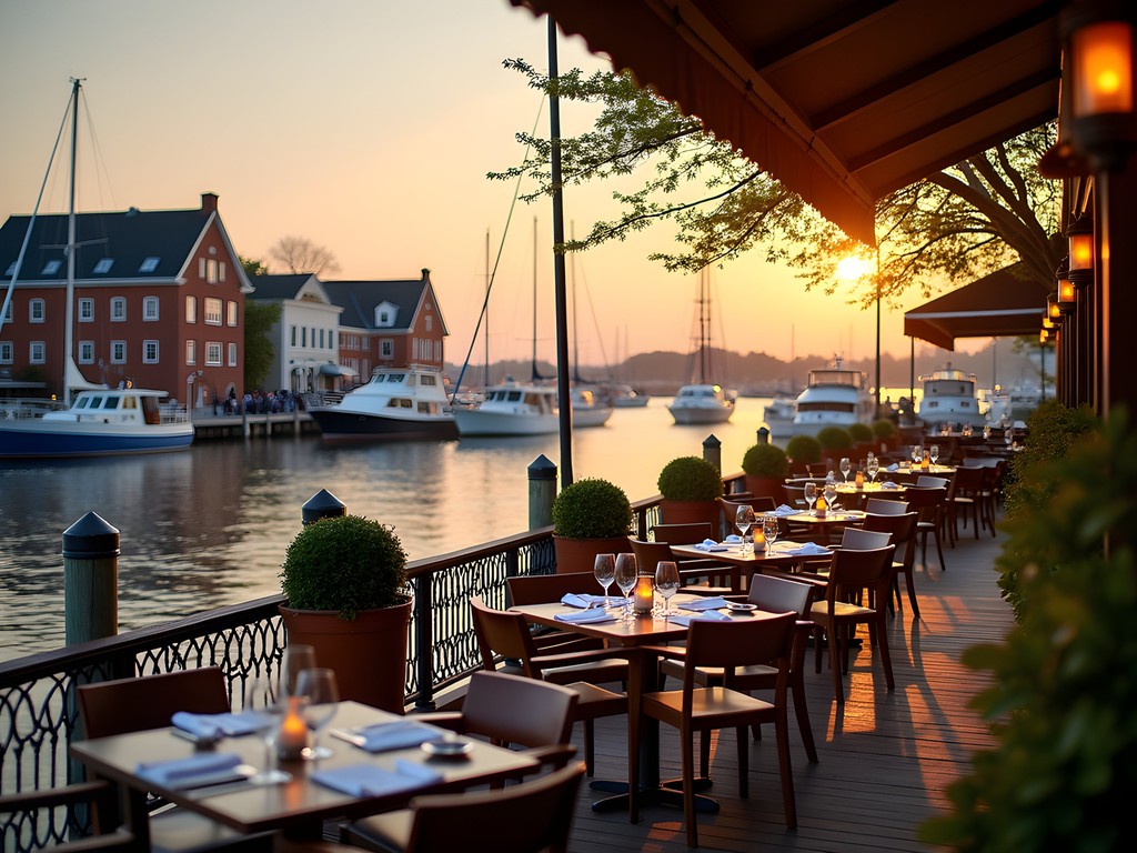 Waterfront dining in Annapolis with historic buildings and sailing vessels in background during spring evening