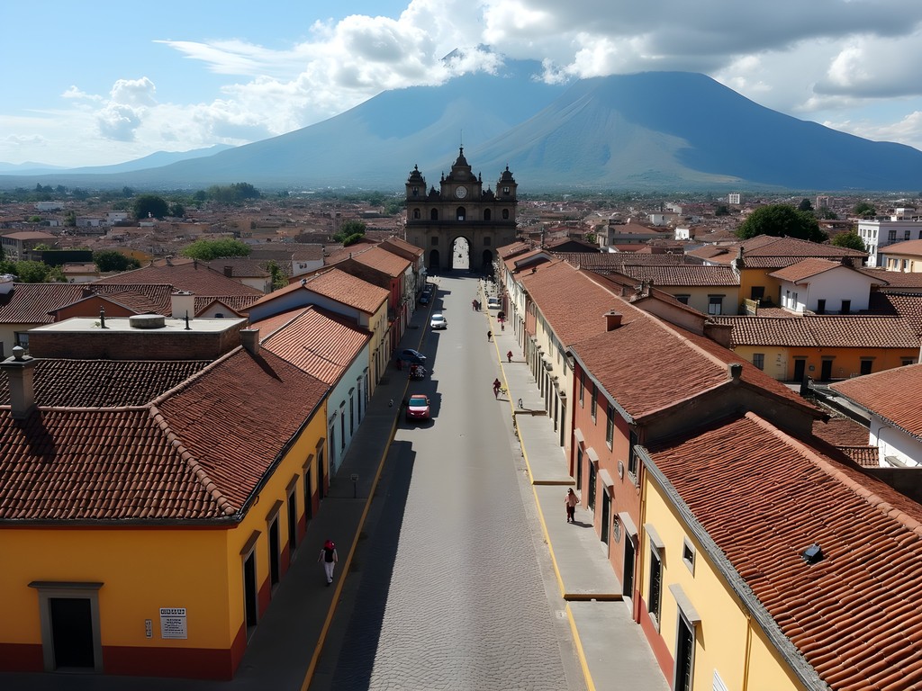 Aerial view of Antigua's colonial grid system with volcanoes in background